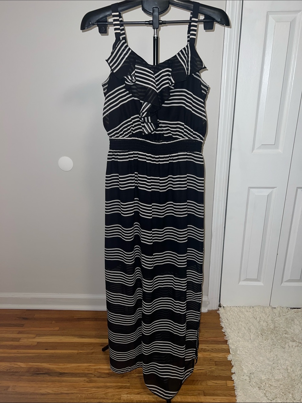 Faded Glory Black and White Striped Ruffle Maxi Dress